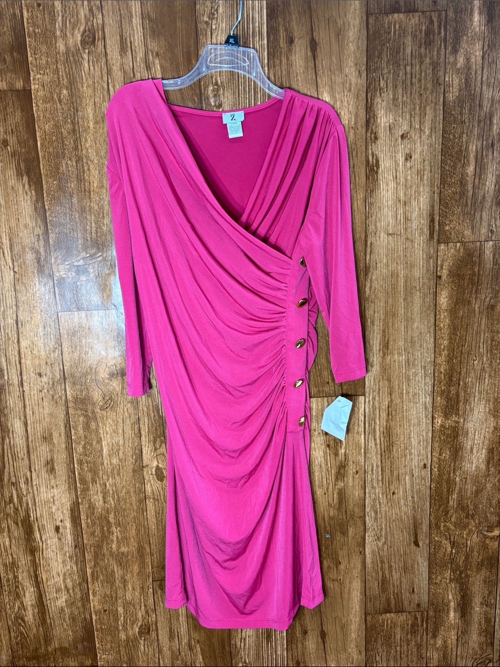 NWT Type Z Bright Pink Draped Wrap Midi Dress with Gold Buttons